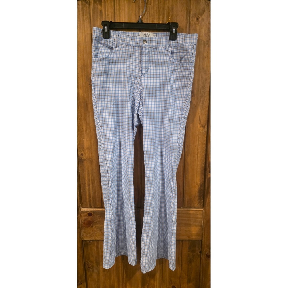 Hollister High Rise Flare Pants Womens L Blue Plaid Stretchy Waist Trousers